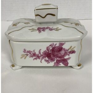 Vtg Hollohaza Hungary Style Floral Porcelain Trinket Box w/Gold Accents & Feet